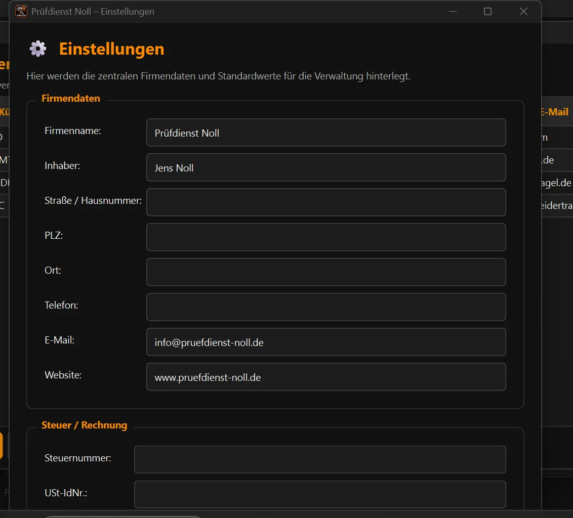 Prüfdienst Noll Verwaltung – Einstellungen