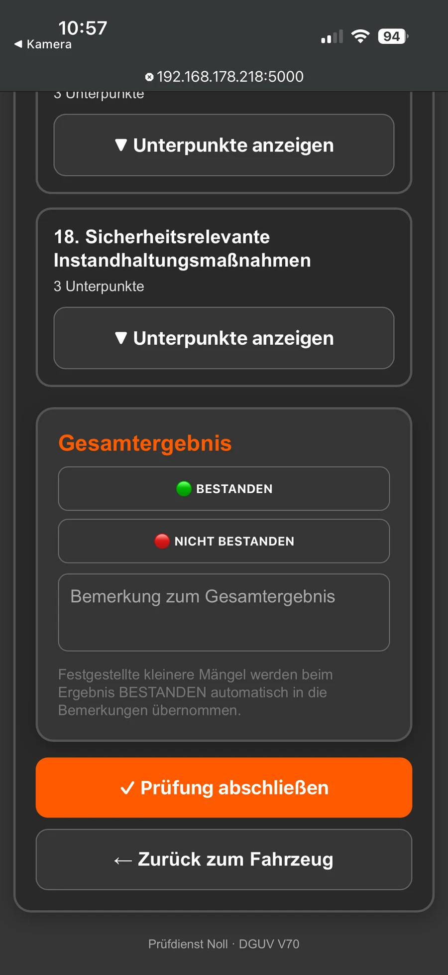 Mobile DGUV V70 Prüfung – Gesamtergebnis