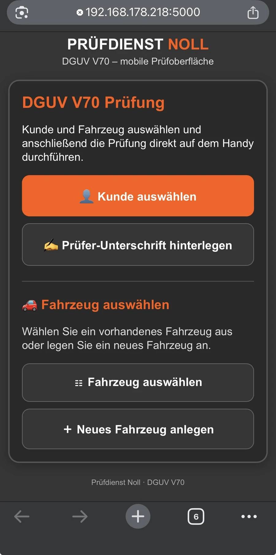 Mobile DGUV V70 Prüfung – Kunde und Fahrzeug auswählen